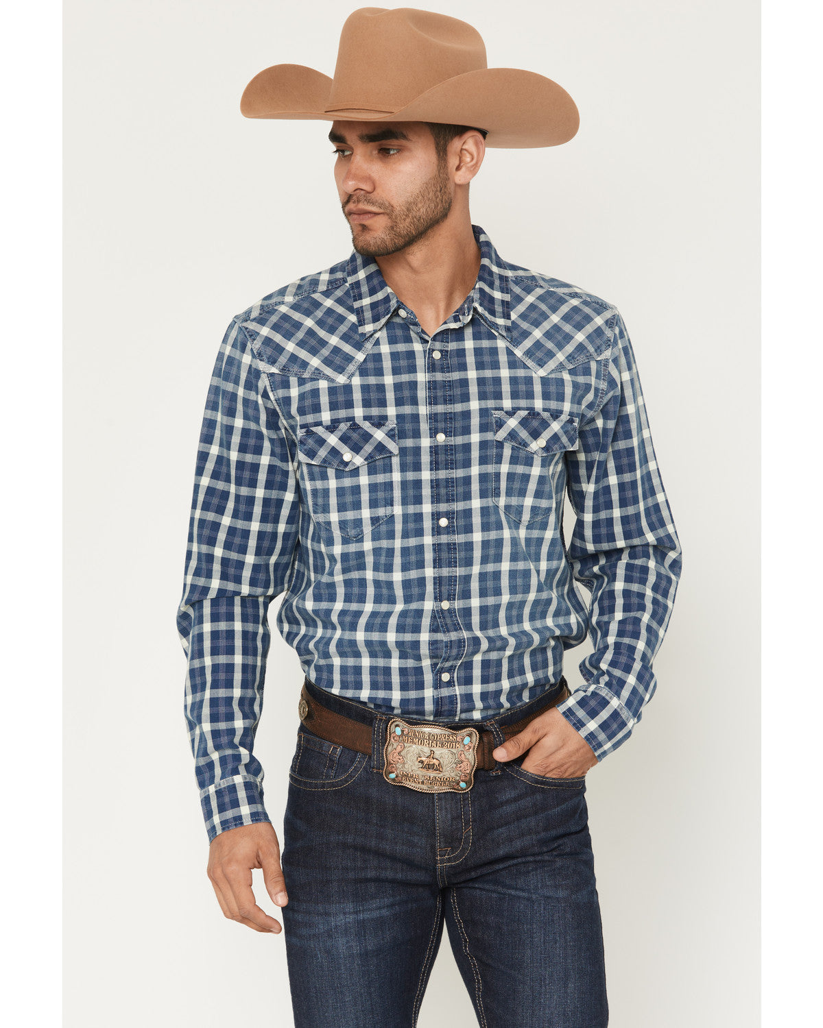 Men's Conaway Denim Plaid Print Long Sleeve Snap Western Sh