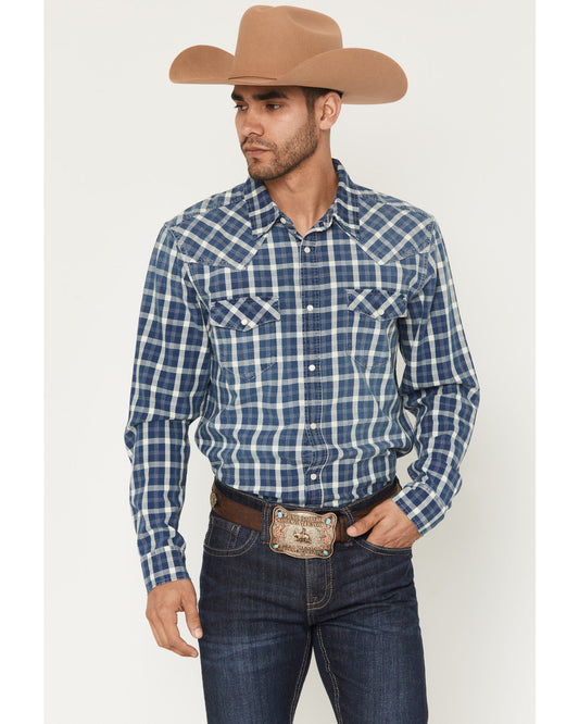Men's Conaway Denim Plaid Print Long Sleeve Snap Western Sh