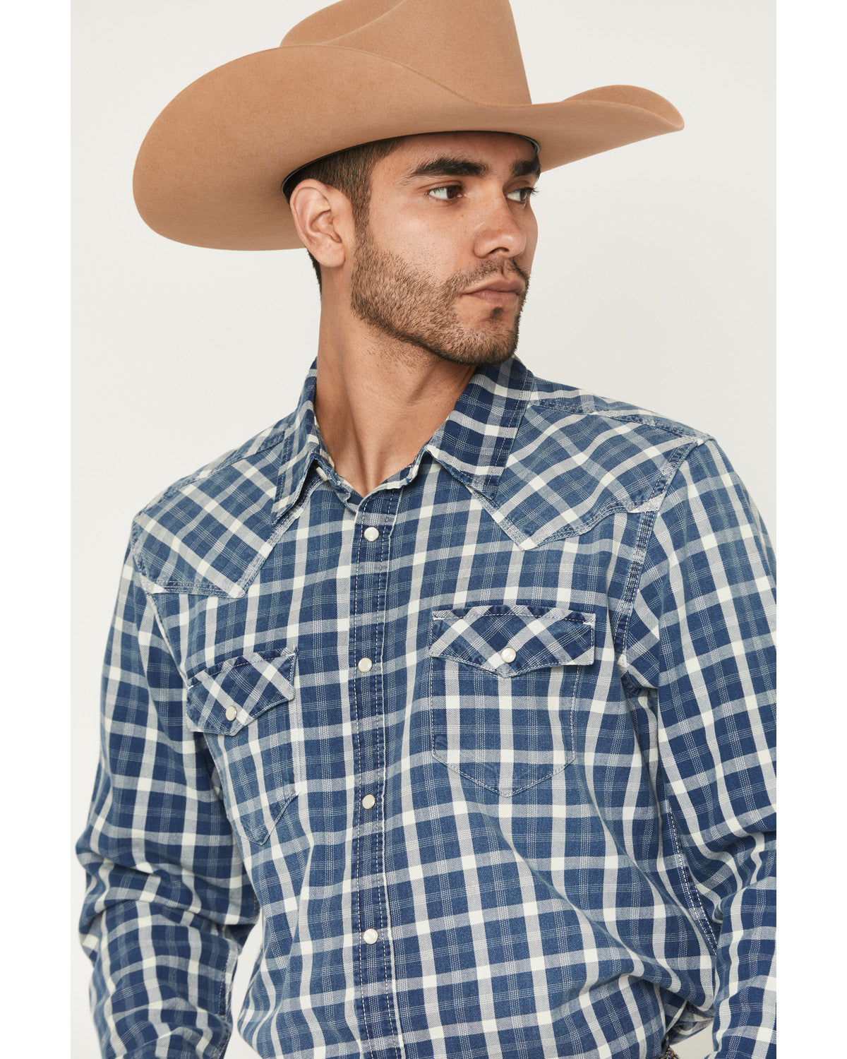 Men's Conaway Denim Plaid Print Long Sleeve Snap Western Sh