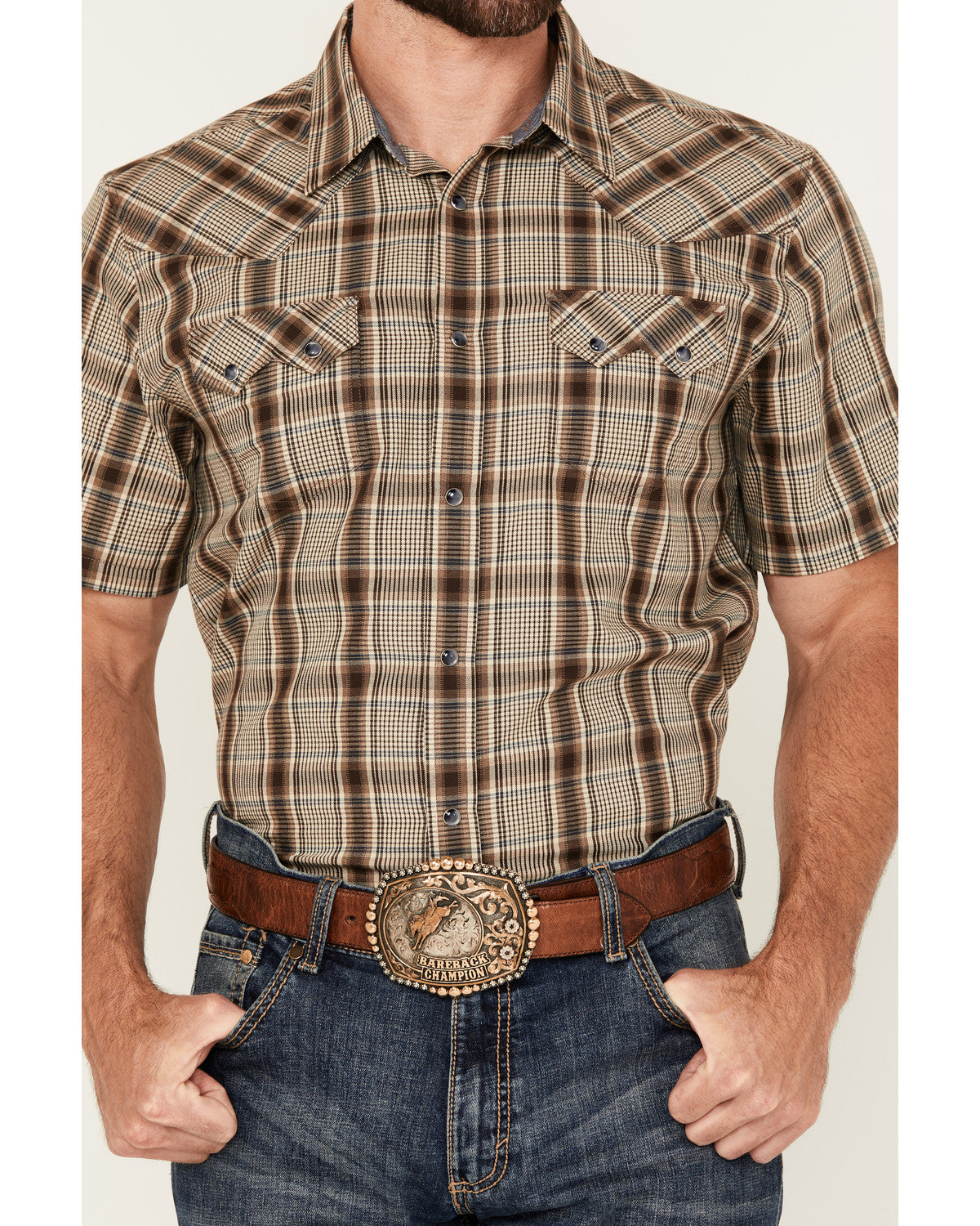 Men's Poncho Plaid Print Short Sleeve Snap Western Shirt -
