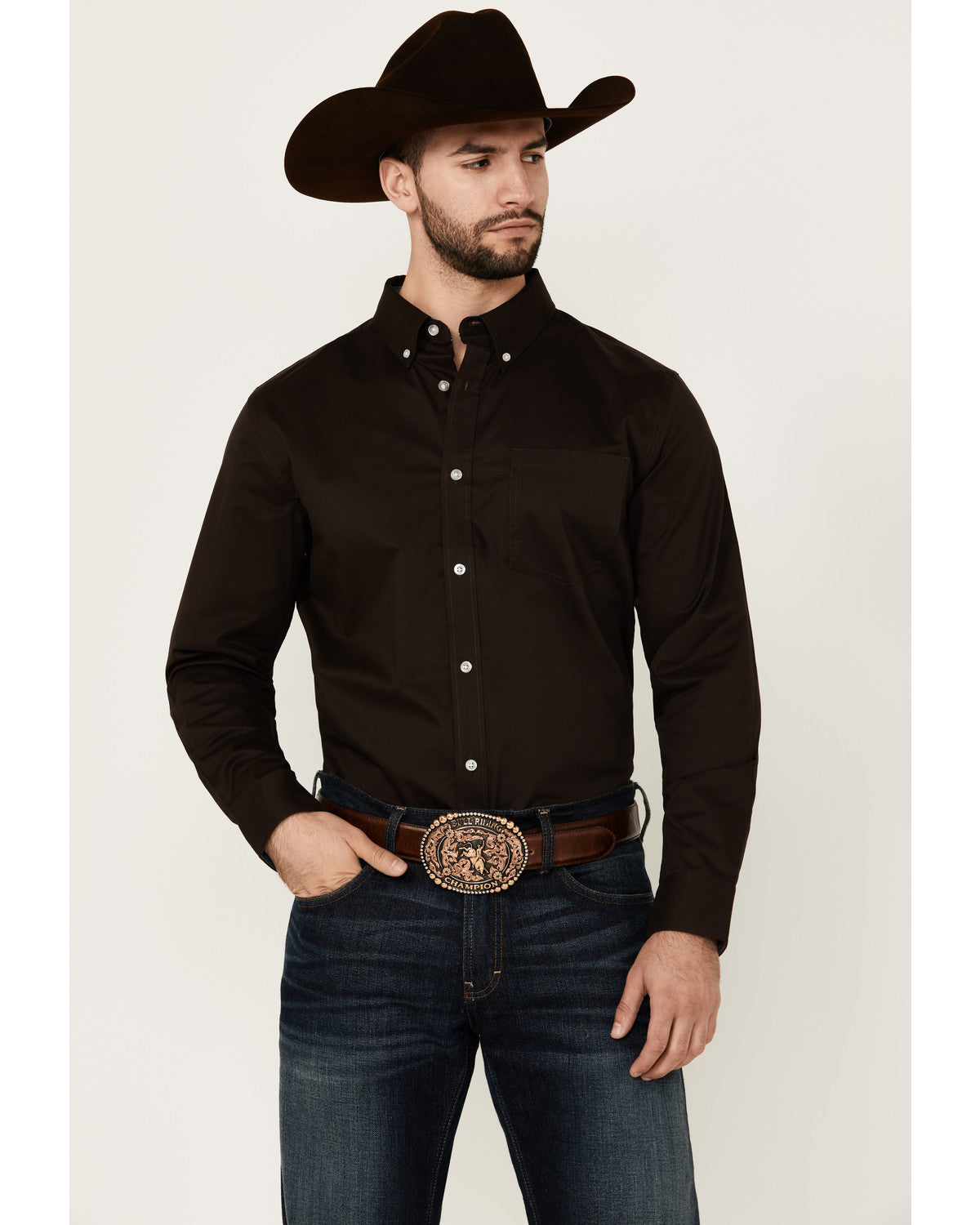 Men's Basic Solid Long Sleeve Button-Down Stretch Western S
