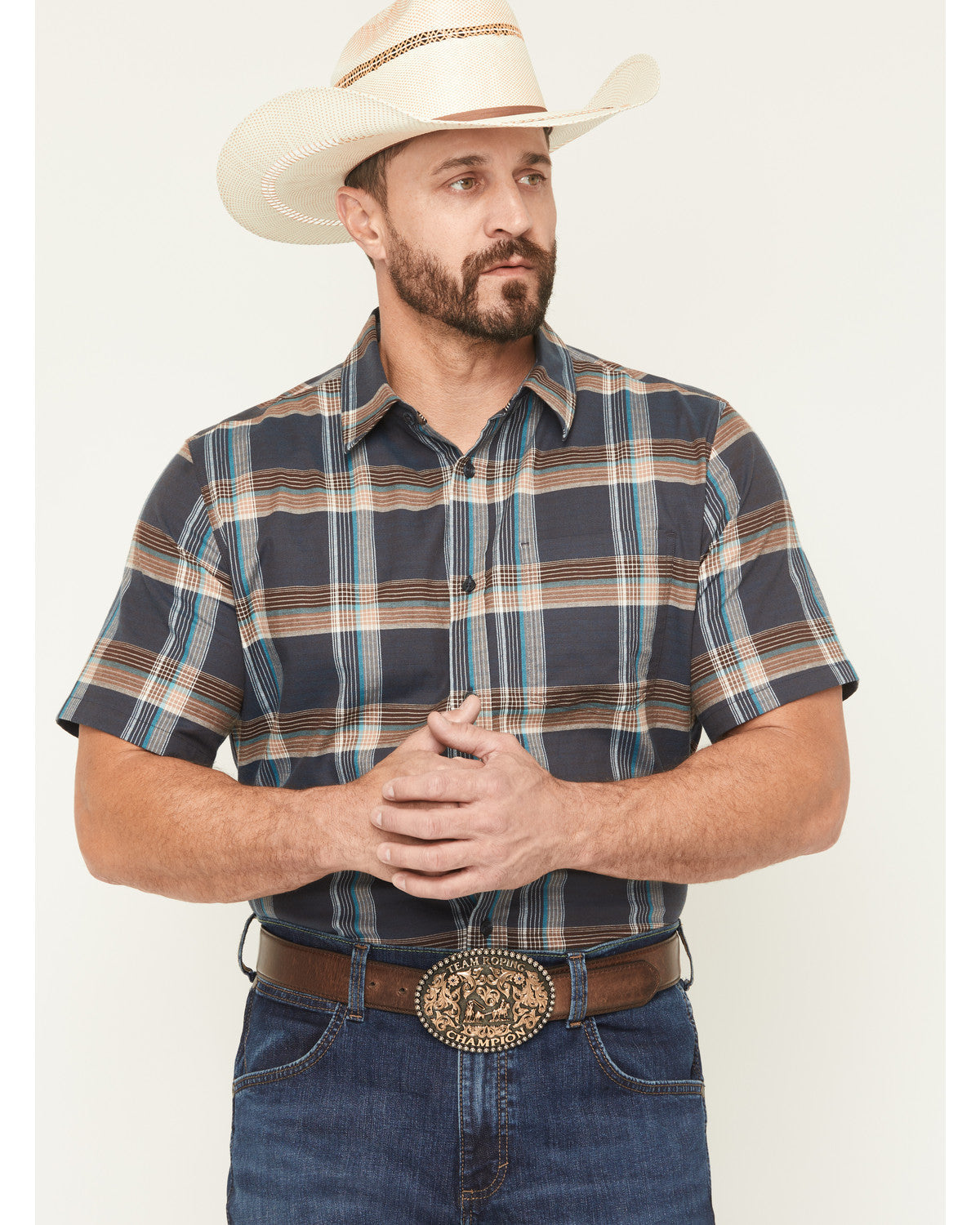Men's High Plains Ranch Plaid Print Short Sleeve Button-Dow