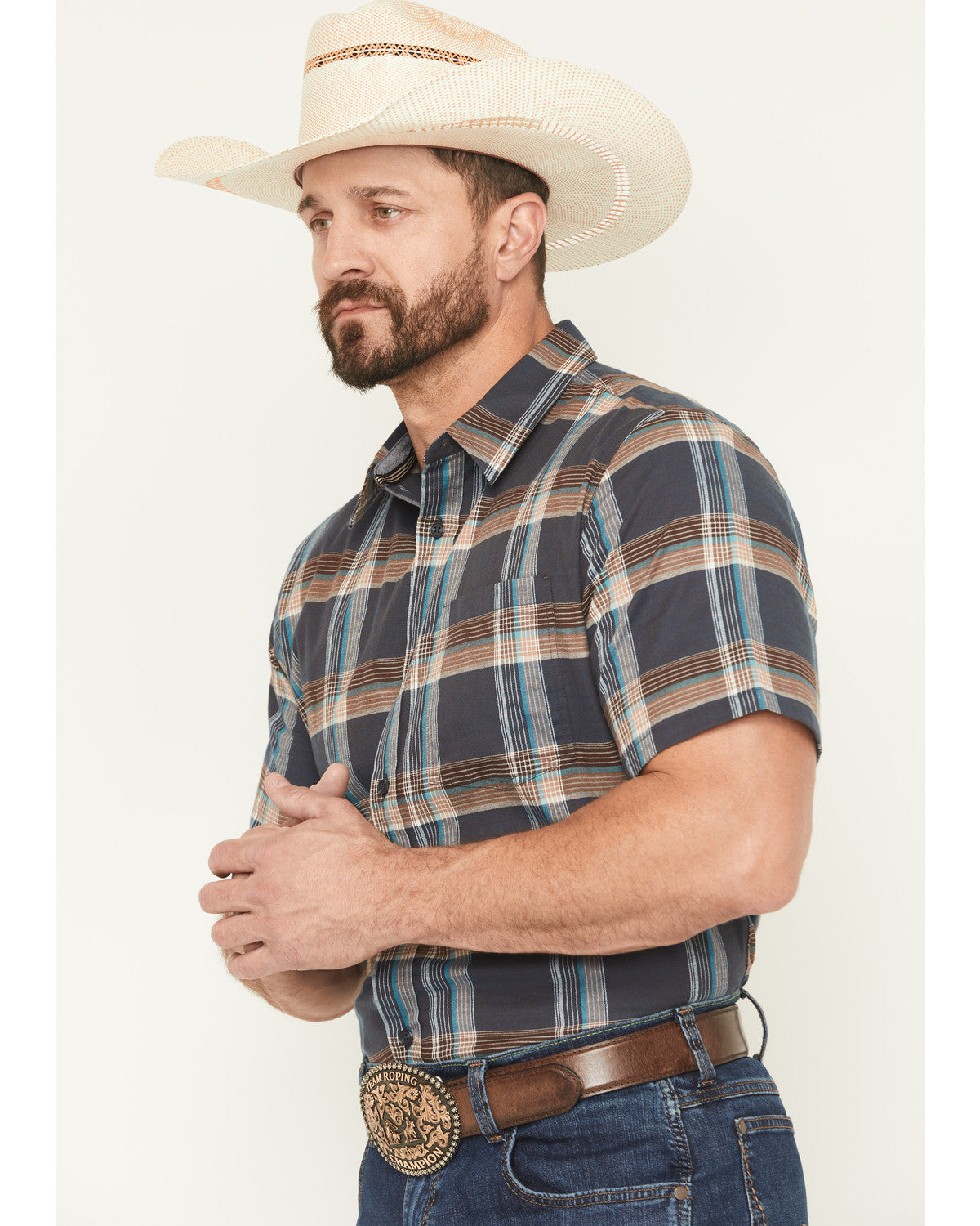 Men's High Plains Ranch Plaid Print Short Sleeve Button-Dow