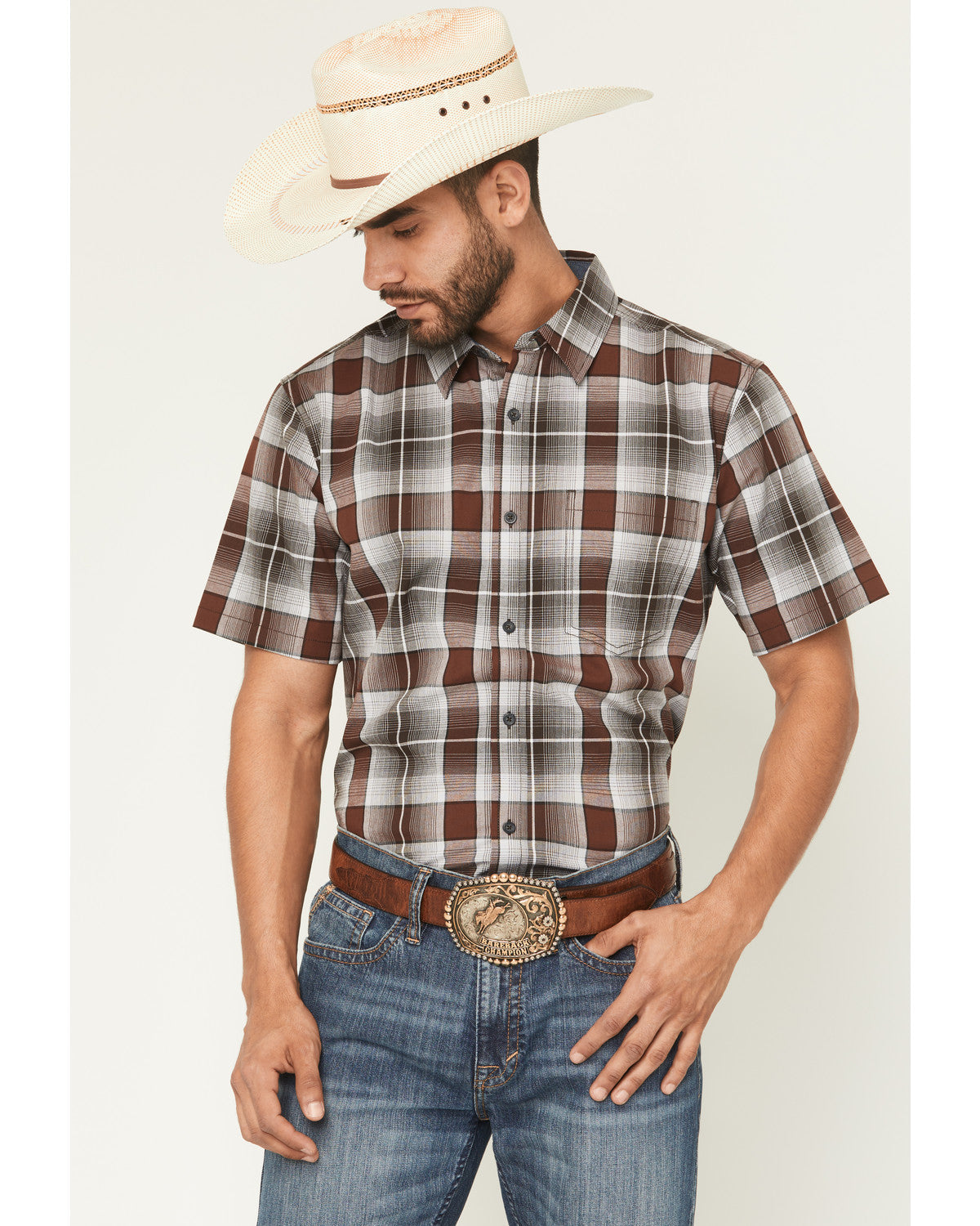 Men's Urban Rodeo Plaid Print Short Sleeve Button-Down West