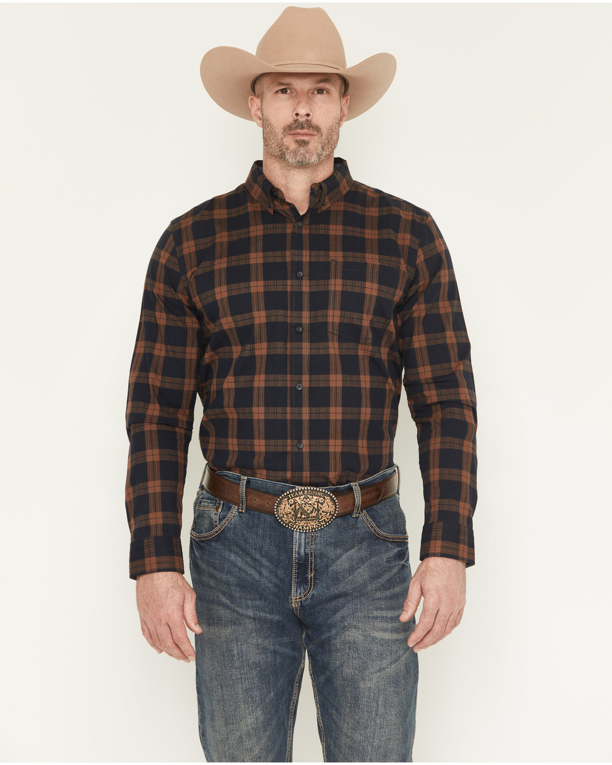 Men's Rodeo Frontier Plaid Print Long Sleeve Button-Down St