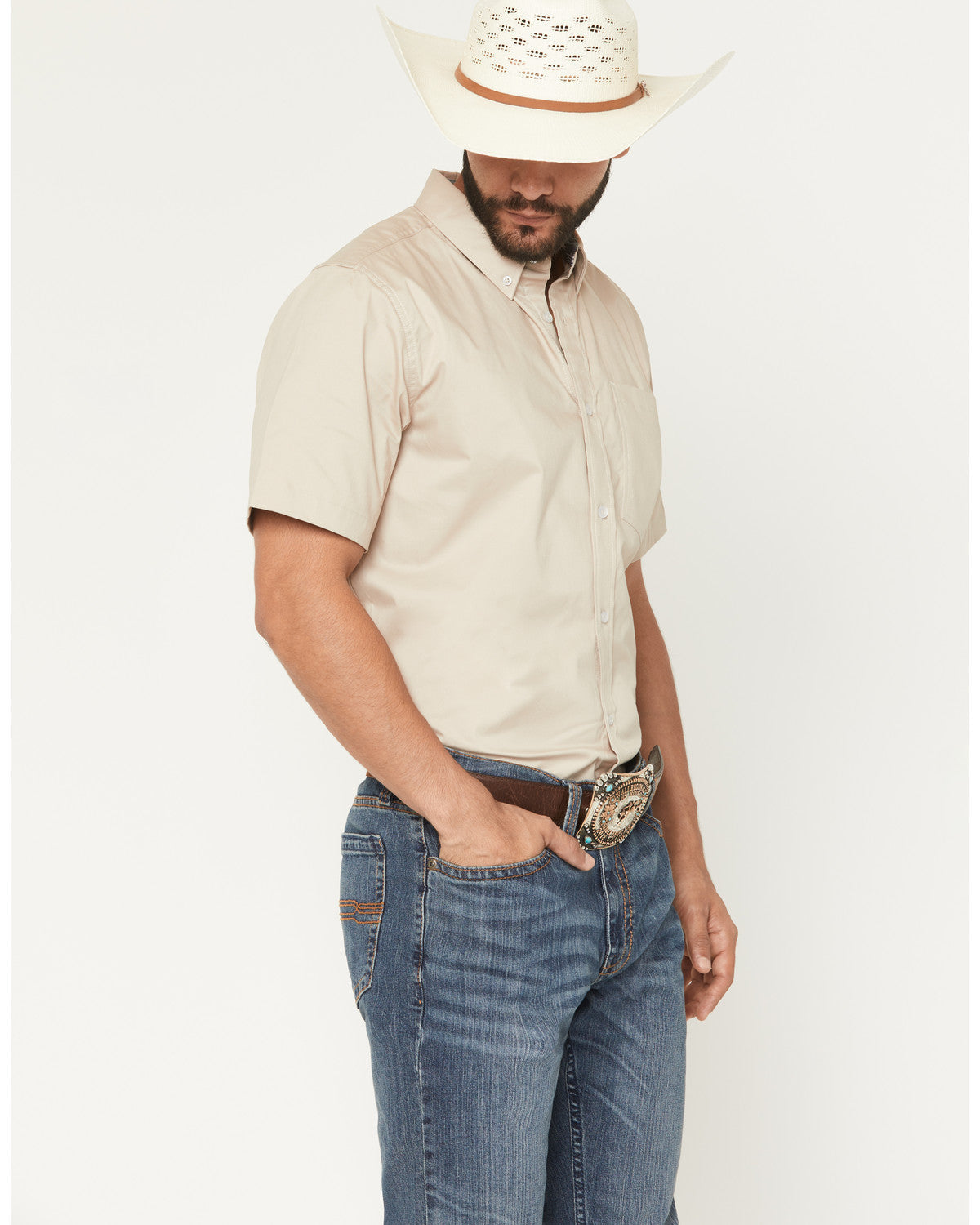 Men's Basic Twill Short Sleeve Button-Down Stretch Western