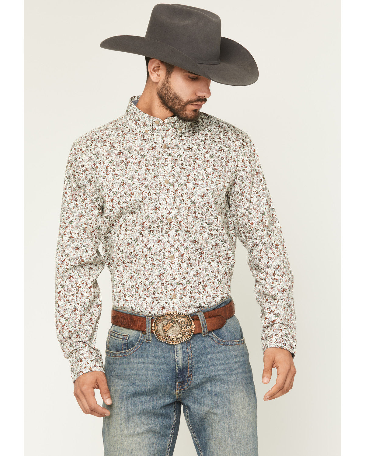 Men's Picher Floral Print Long Sleeve Button-Down Stretch W