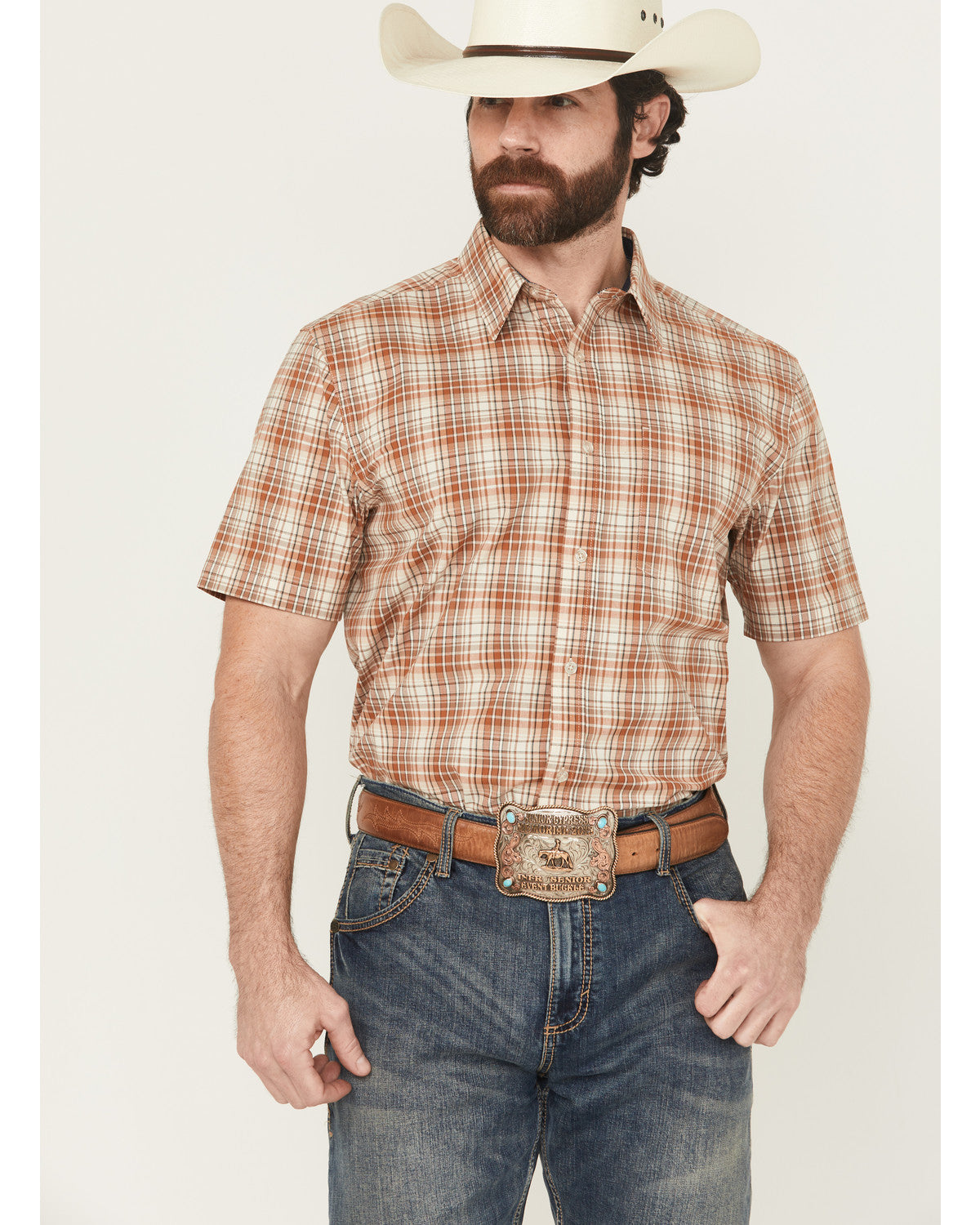 Men's Cowboy Chic Plaid Print Short Sleeve Button-Down Stre