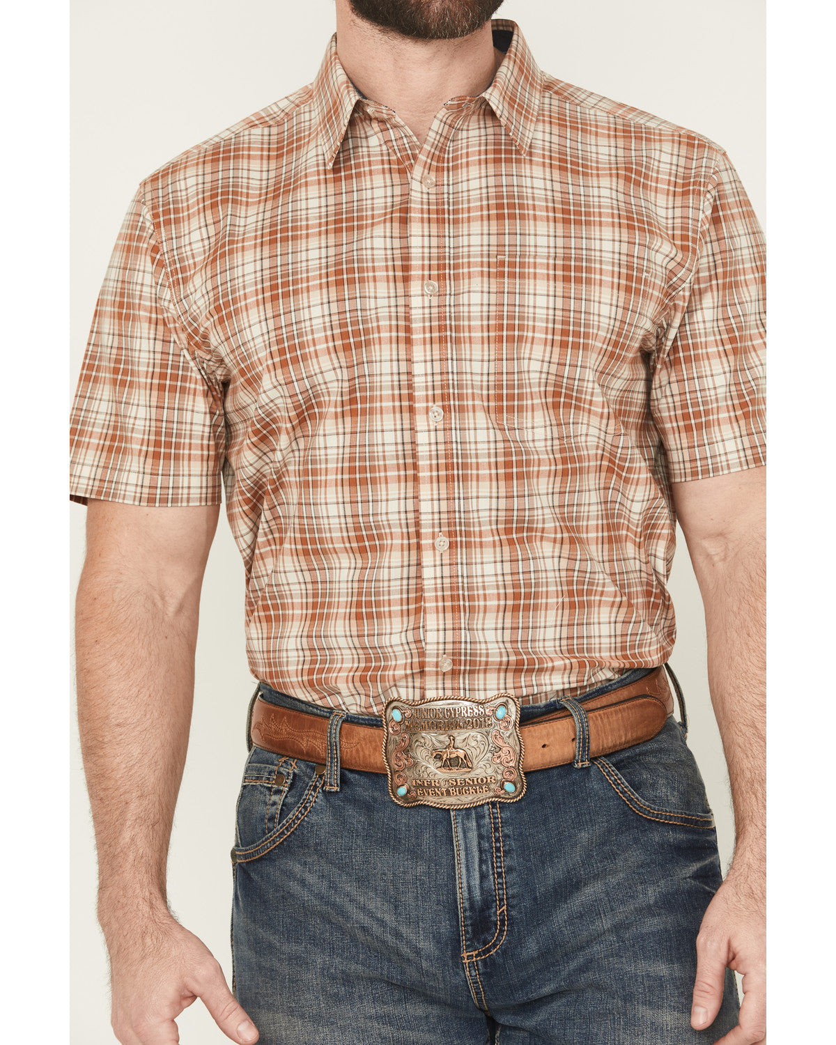 Men's Cowboy Chic Plaid Print Short Sleeve Button-Down Stre