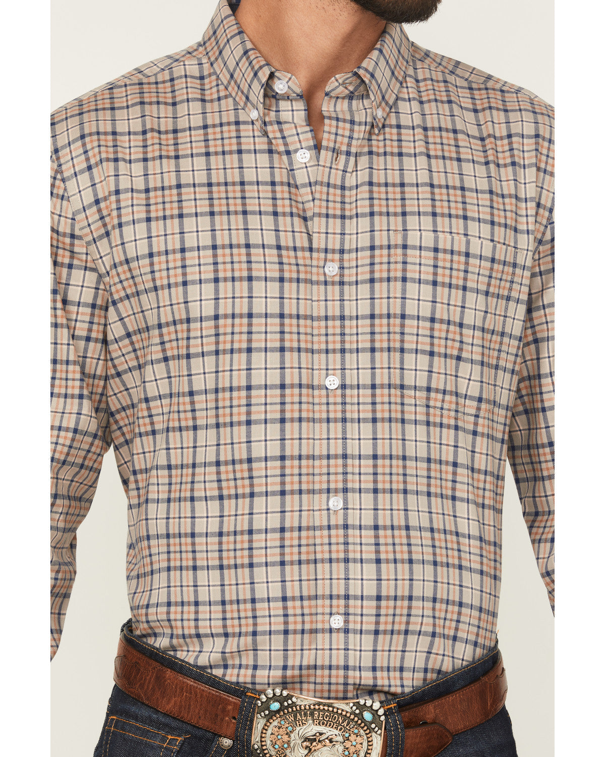 Men's Let's Mosey Plaid Print Long Sleeve Button-Down Stret