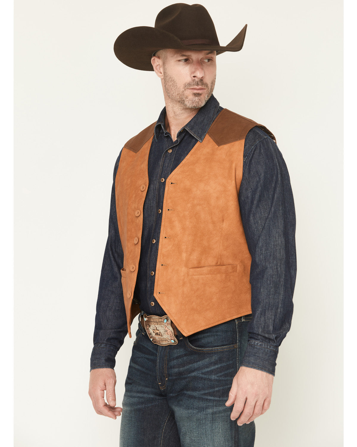 Men's Buckaroo Colorblock Faux Leather Button-Down Vest