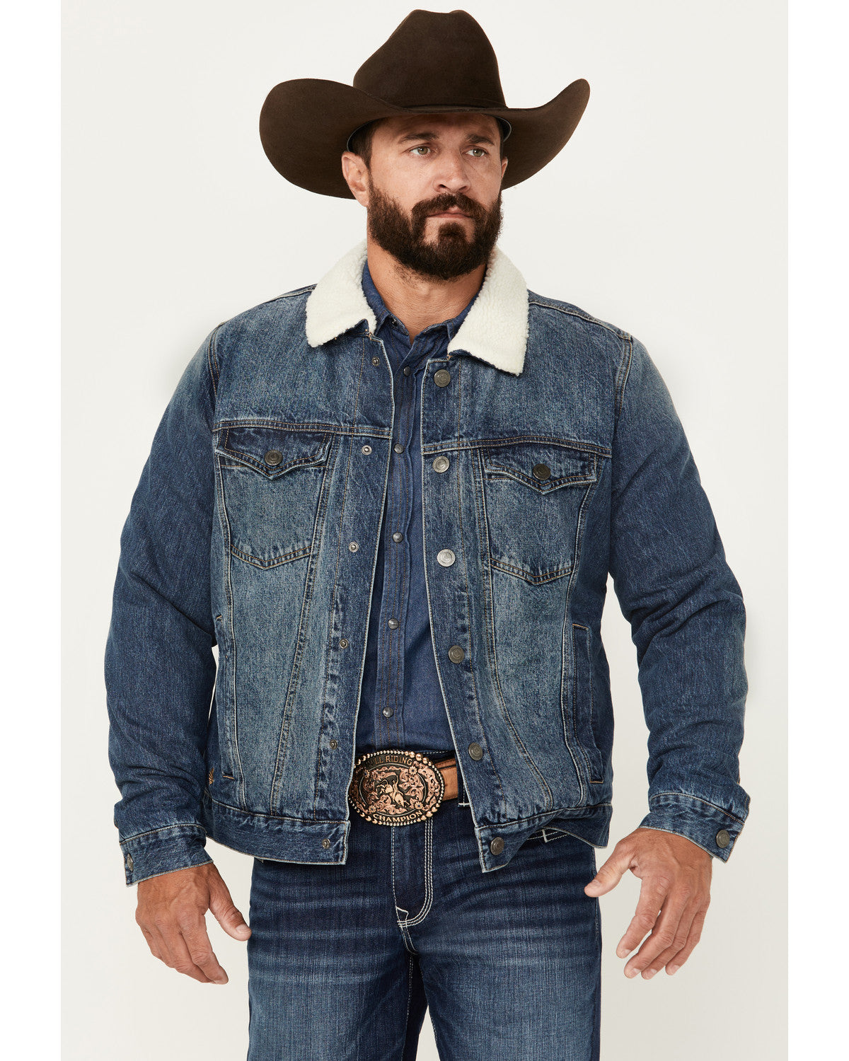 Men's Medium Wash Snap Sherpa Denim Jacket