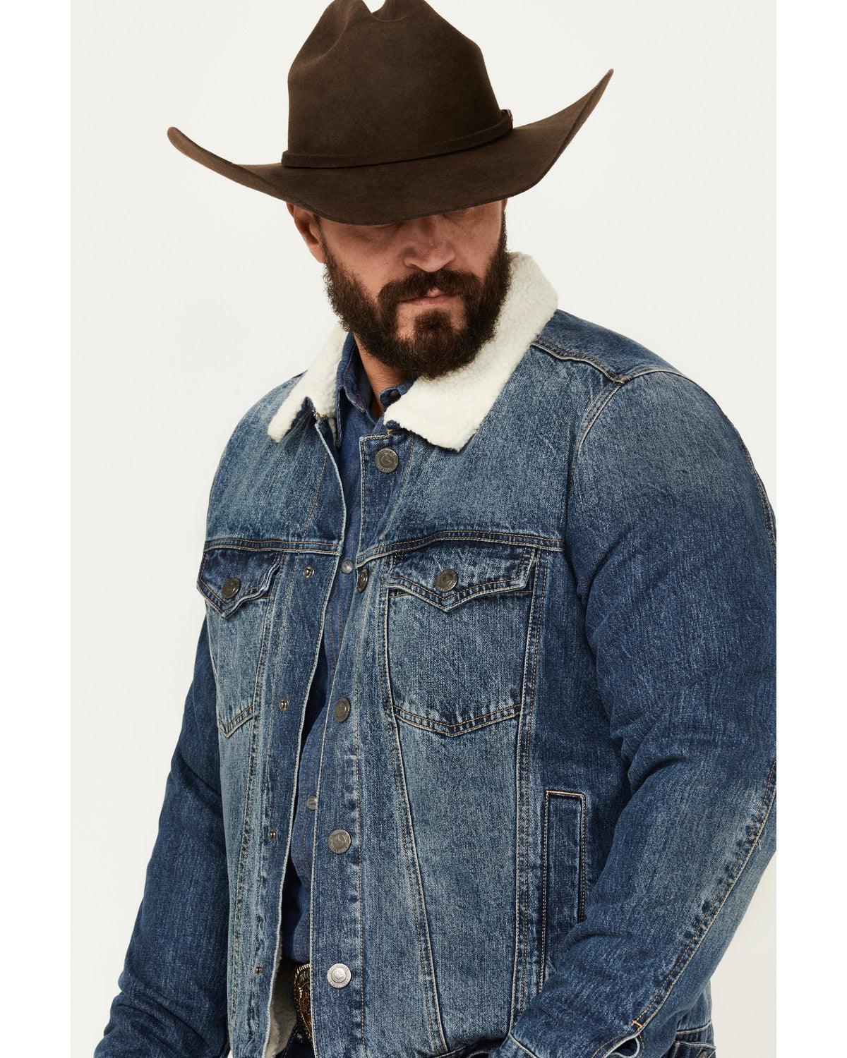 Men's Medium Wash Snap Sherpa Denim Jacket