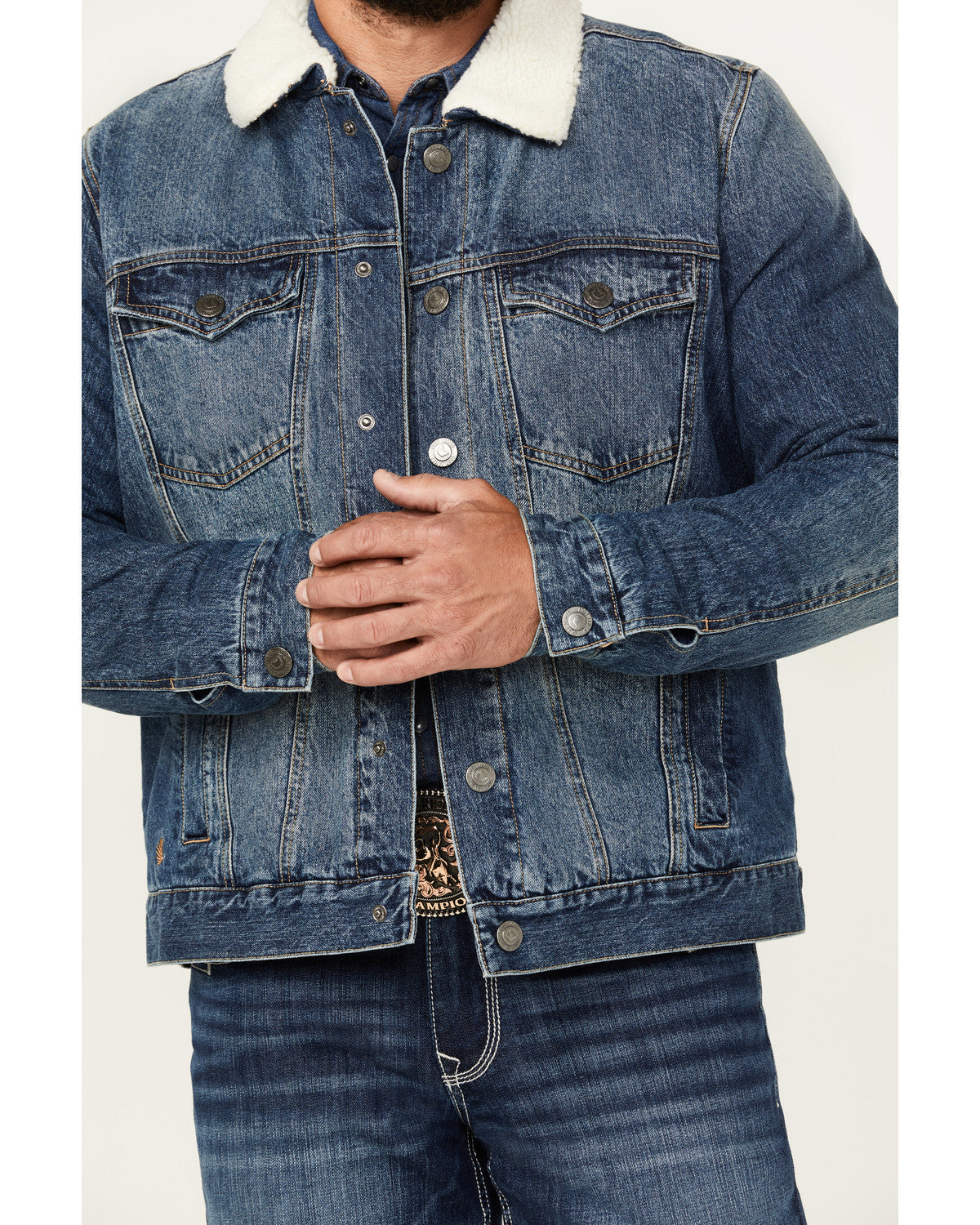 Men's Medium Wash Snap Sherpa Denim Jacket