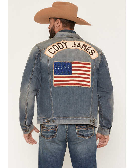 Men's Medium Wash Americana Patch Button-Down Stretch Denim