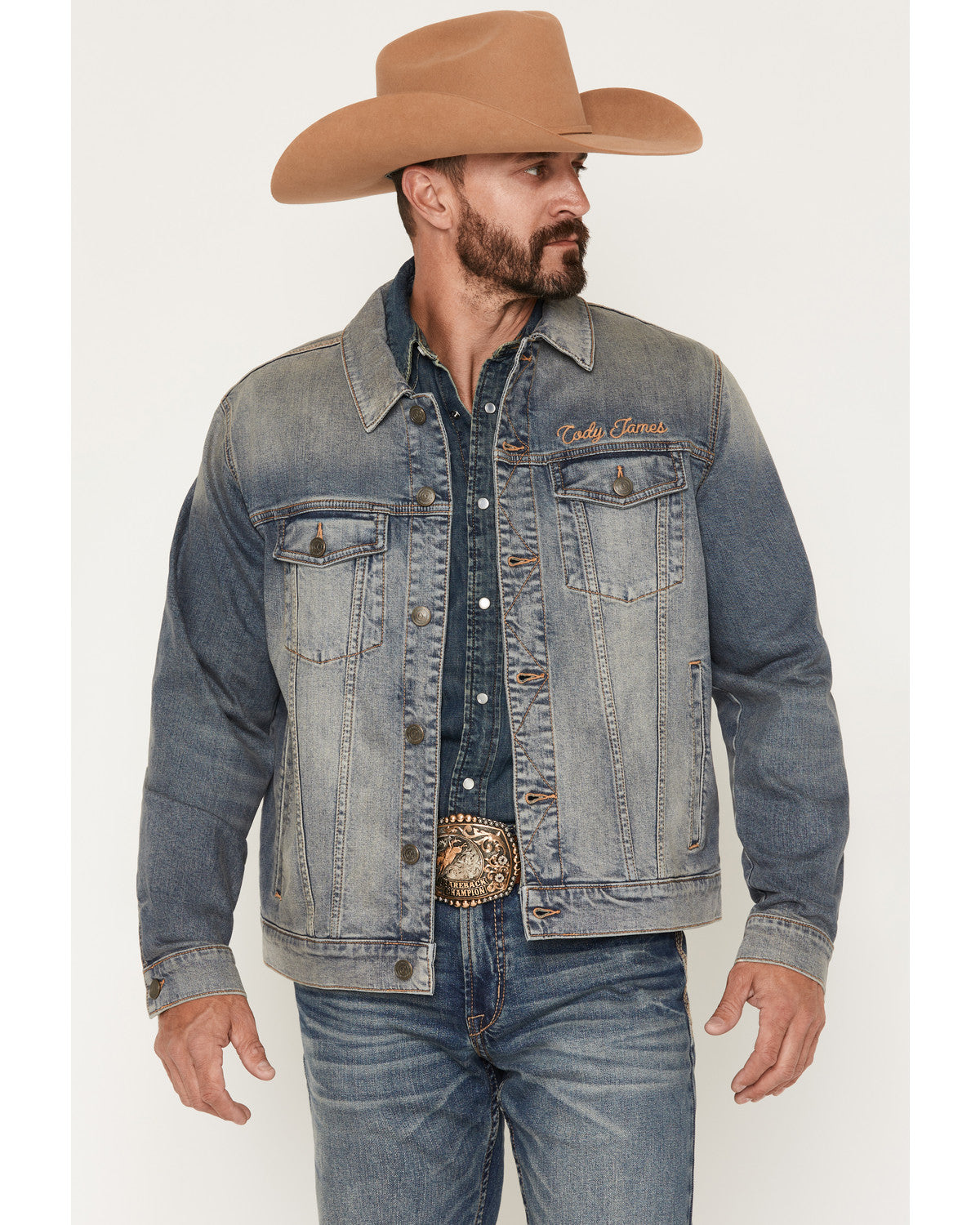 Men's Medium Wash Americana Patch Button-Down Stretch Denim
