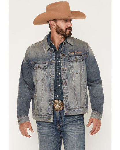 Men's Medium Wash Americana Patch Button-Down Stretch Denim