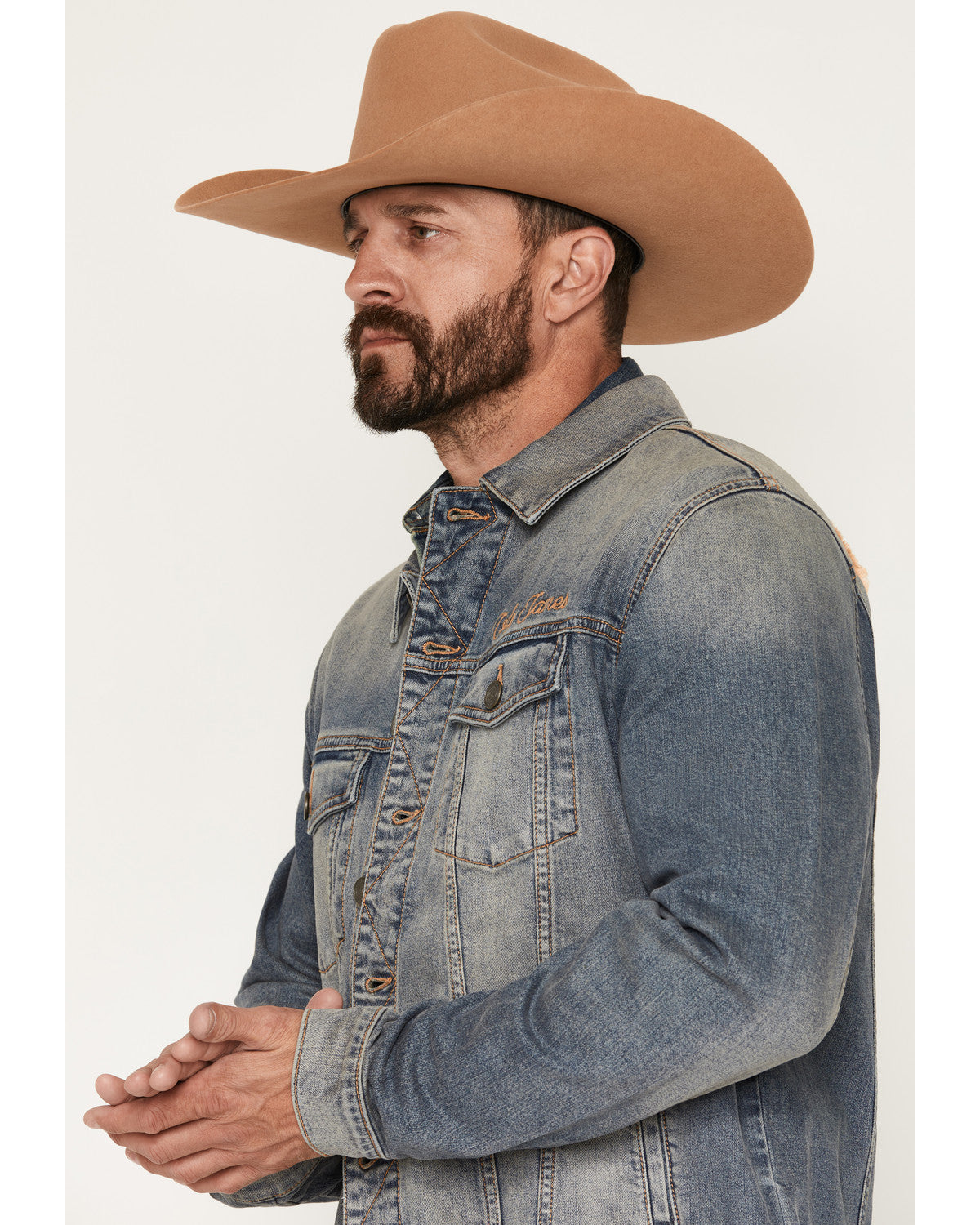 Men's Medium Wash Americana Patch Button-Down Stretch Denim