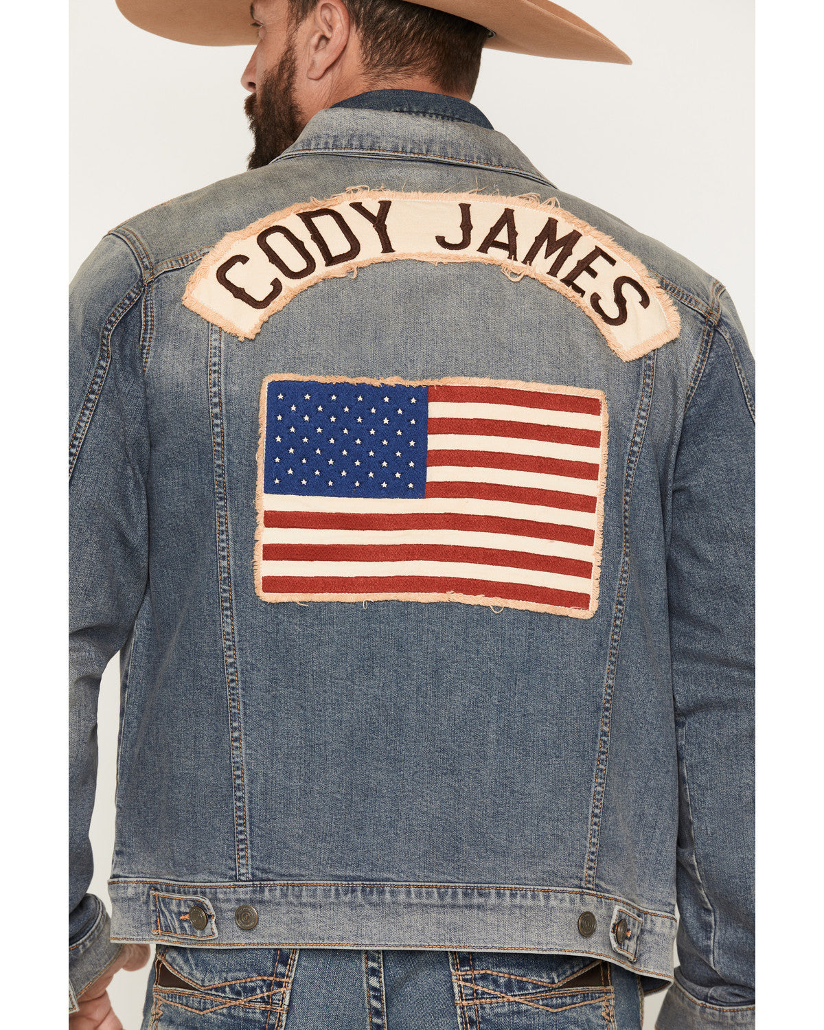 Men's Medium Wash Americana Patch Button-Down Stretch Denim