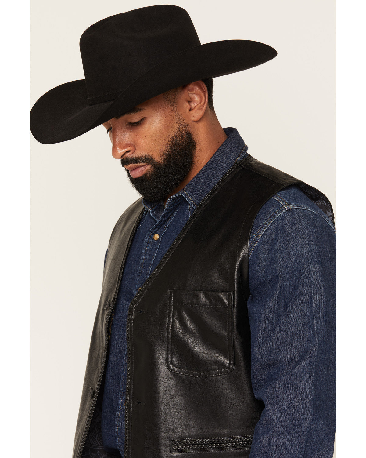 Men's Hogan Faux Leather Braided Trim Button-Down Vest
