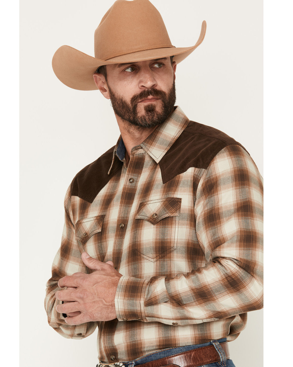Men's Mad Plaid Print Corduroy Long Sleeve Snap Western Shi