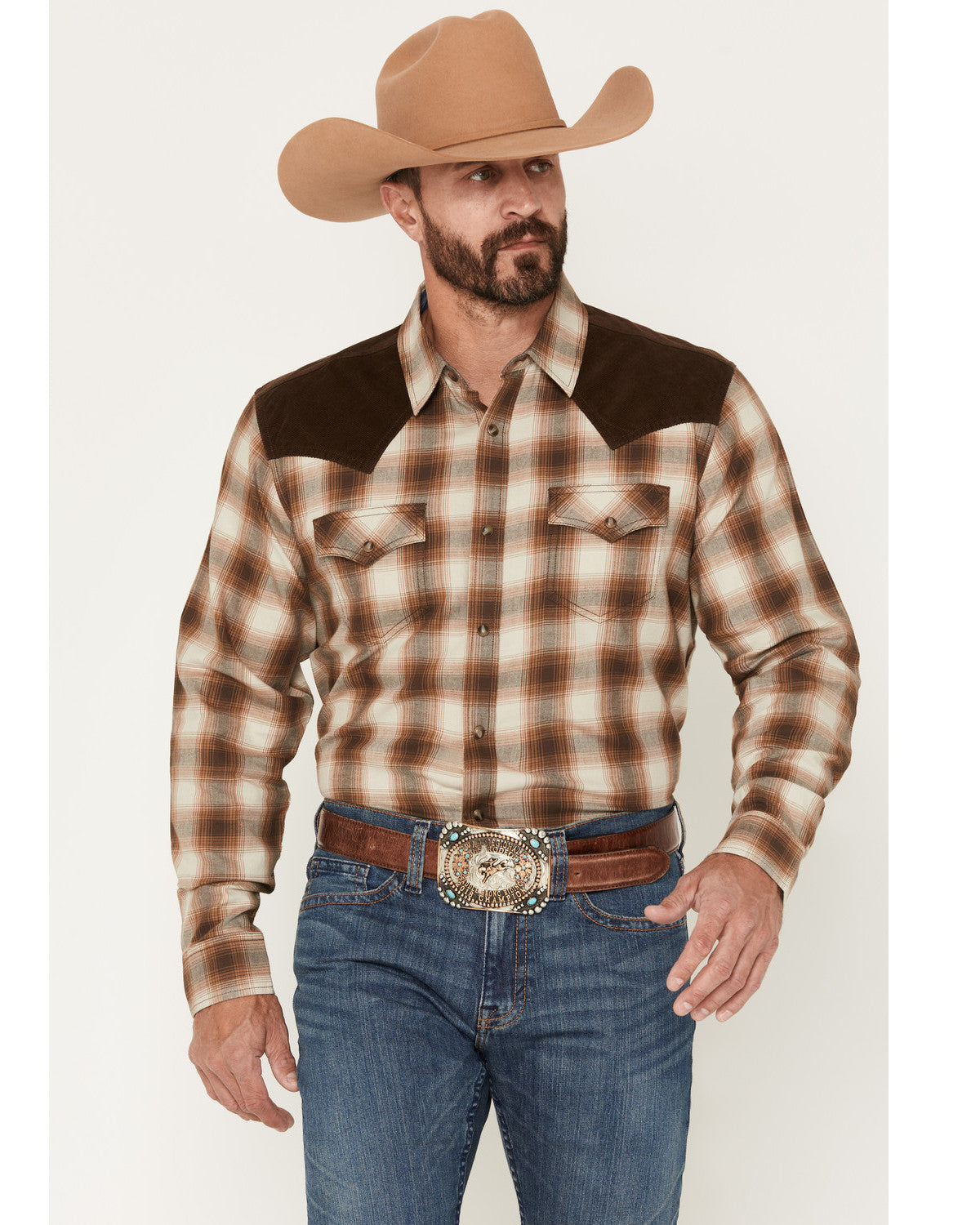 Men's Mad Plaid Print Corduroy Long Sleeve Snap Western Shi