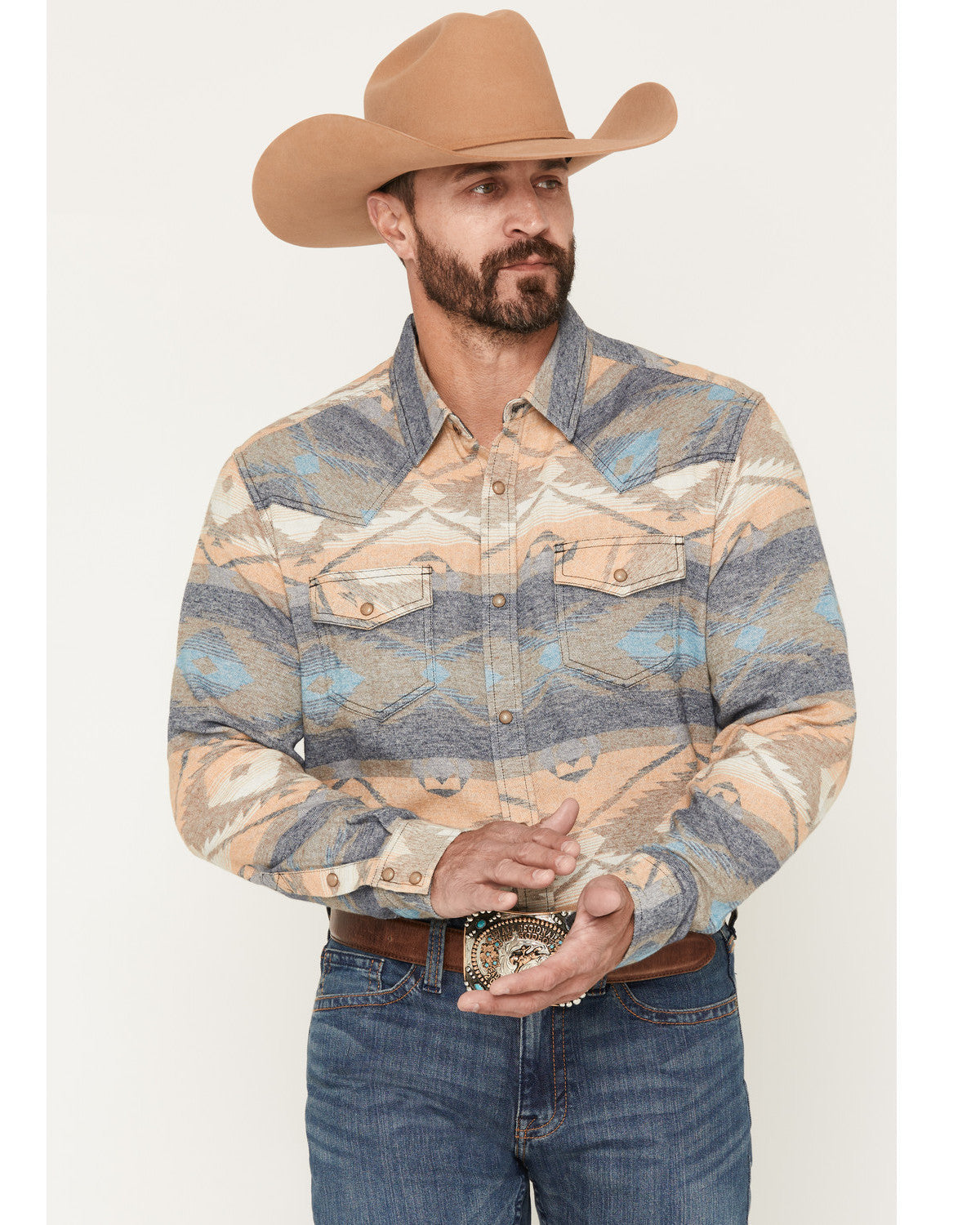 Men's Arrow Bear Southwestern Print Long Sleeve Snap Flanne
