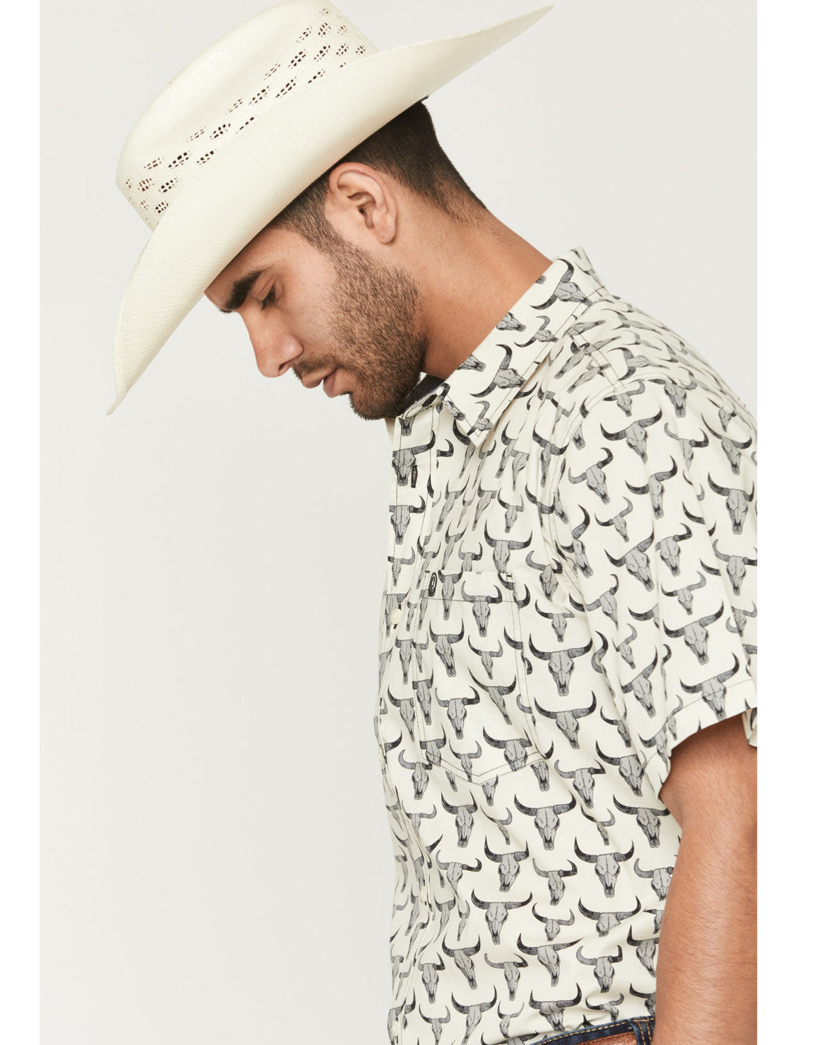 Men's Toro Steer Head Print Short Sleeve Button-Down Stretc