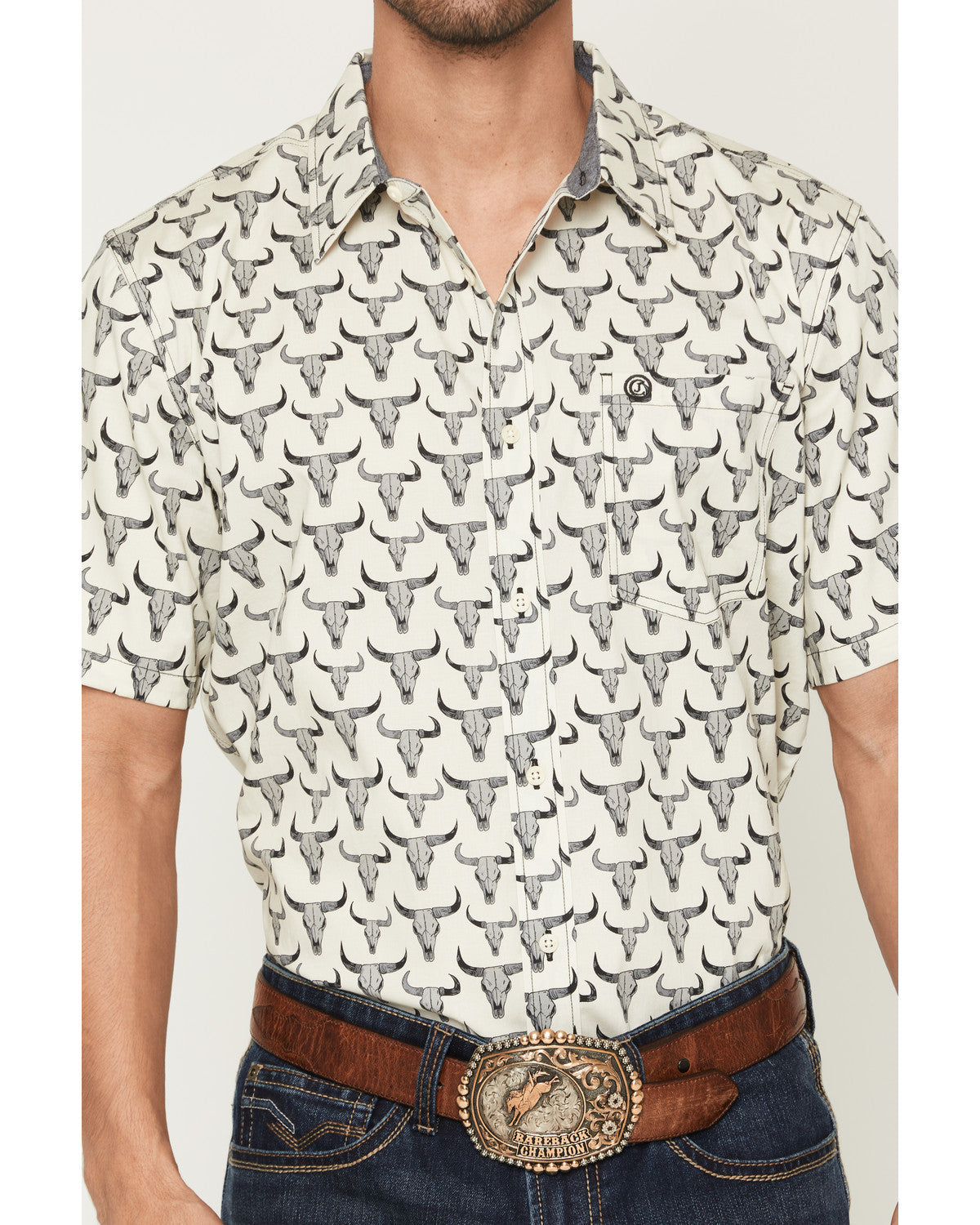 Men's Toro Steer Head Print Short Sleeve Button-Down Stretc