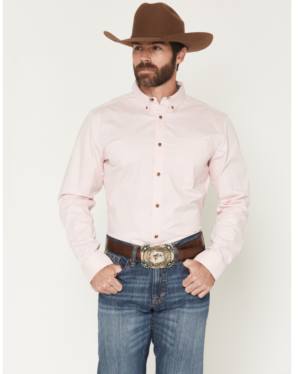 Men's Basic Solid Long Sleeve Button-Down Stretch Western S