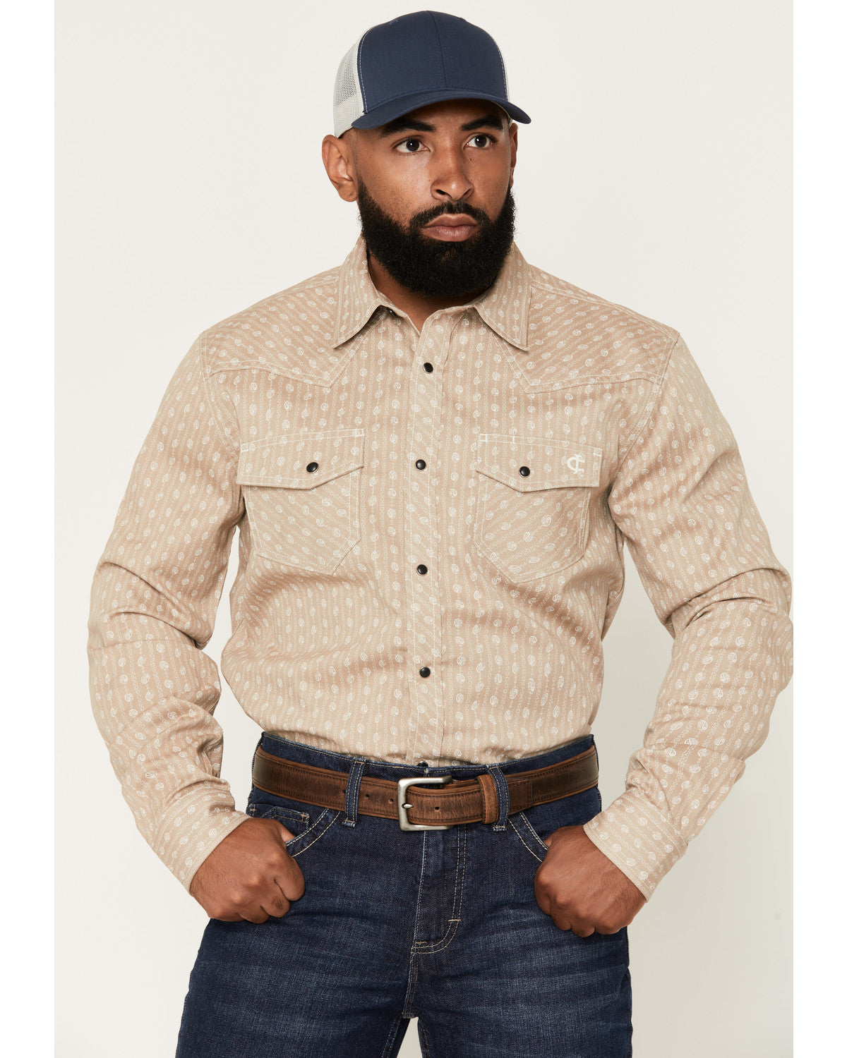 Men's FR Paisley Striped Print Long Sleeve Snap Stretch Wor