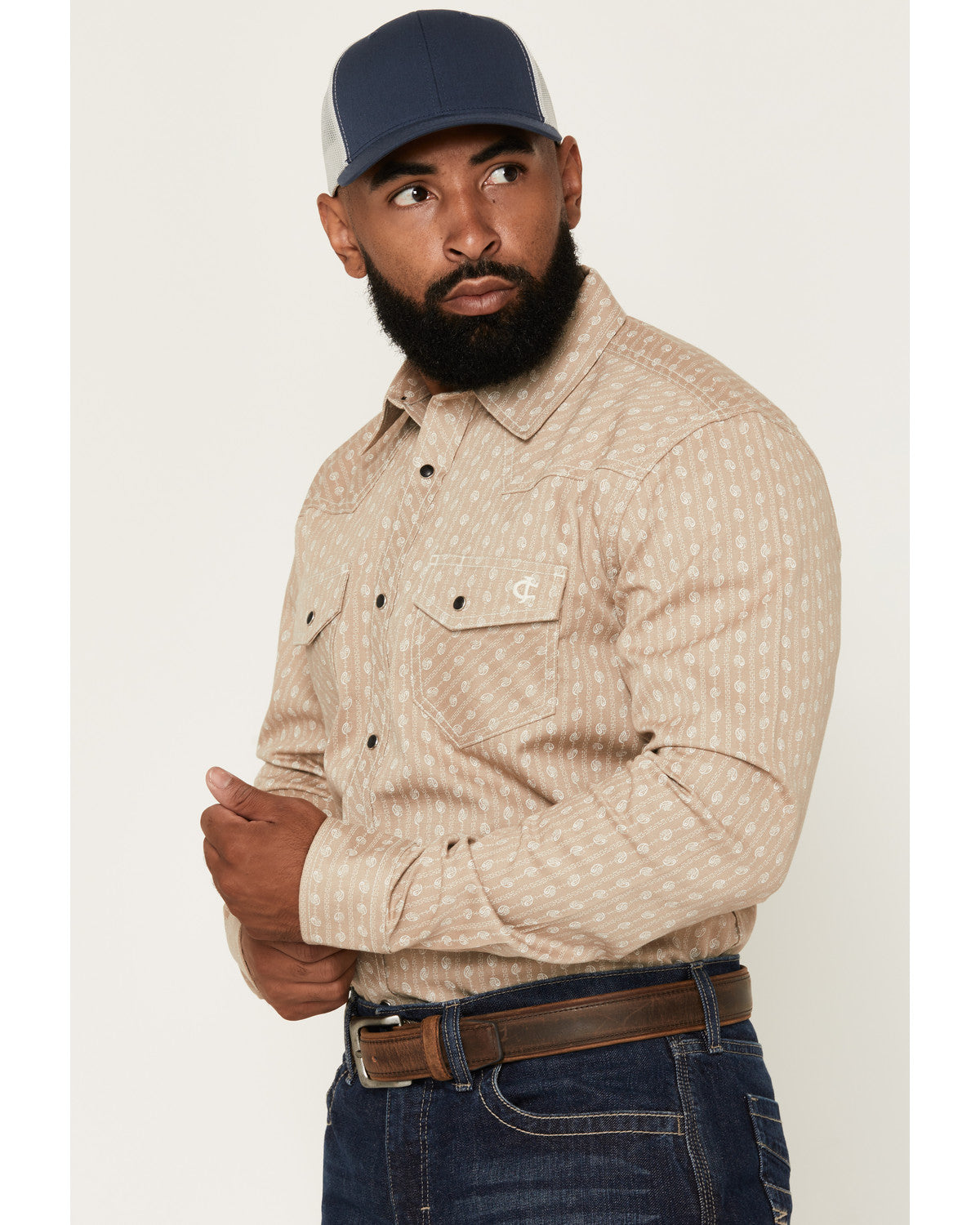 Men's FR Paisley Striped Print Long Sleeve Snap Stretch Wor