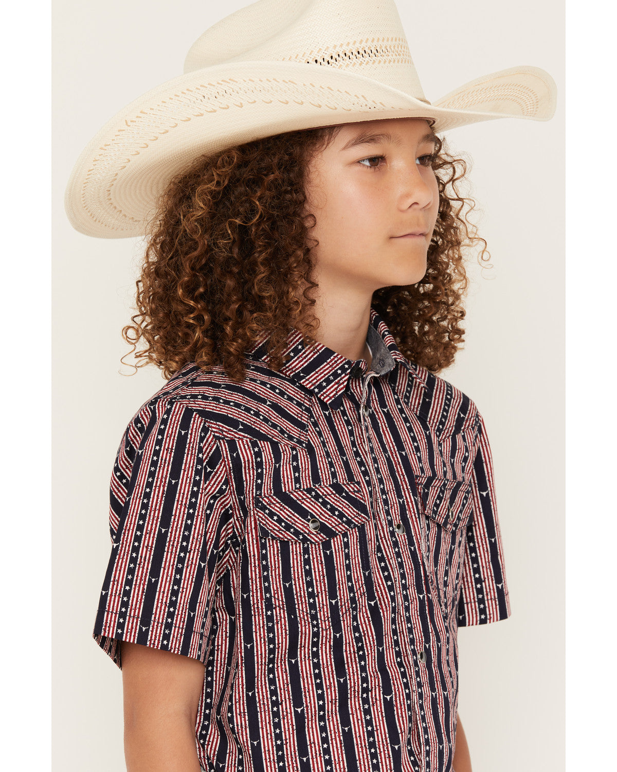 Boys' Steer Head Stars & Stripes Short Sleeve Snap Western