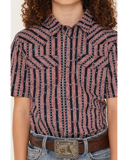 Boys' Steer Head Stars & Stripes Short Sleeve Snap Western