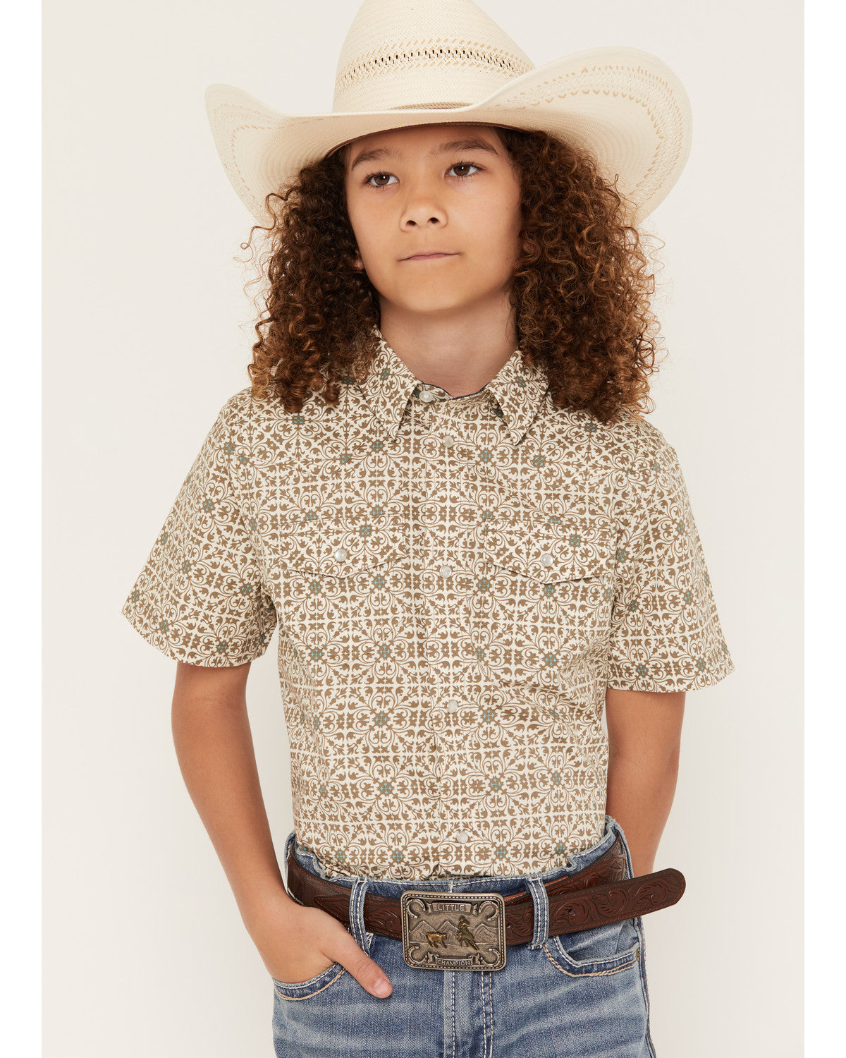 Boys' Mind Trap Geo Print Short Sleeve Pearl Snap Stretch W