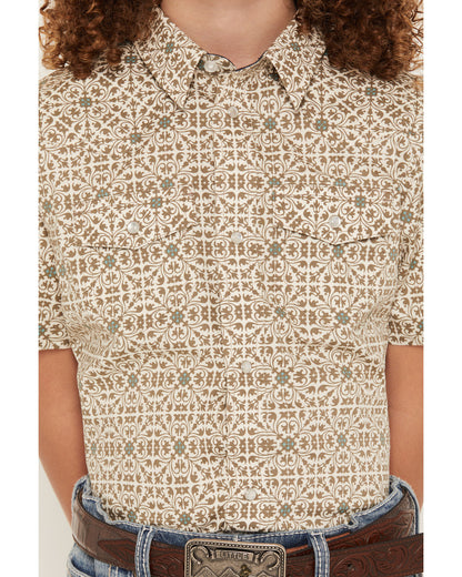 Boys' Mind Trap Geo Print Short Sleeve Pearl Snap Stretch W
