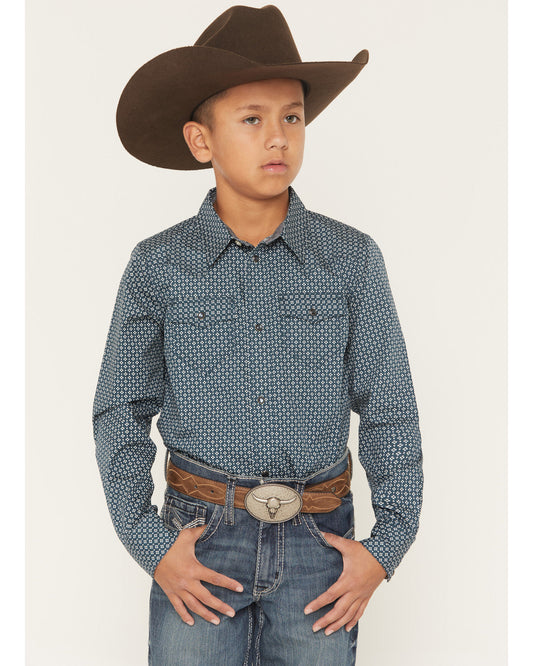 Boys' Bourbon Geo Print Long Sleeve Pearl Snap Western Shir