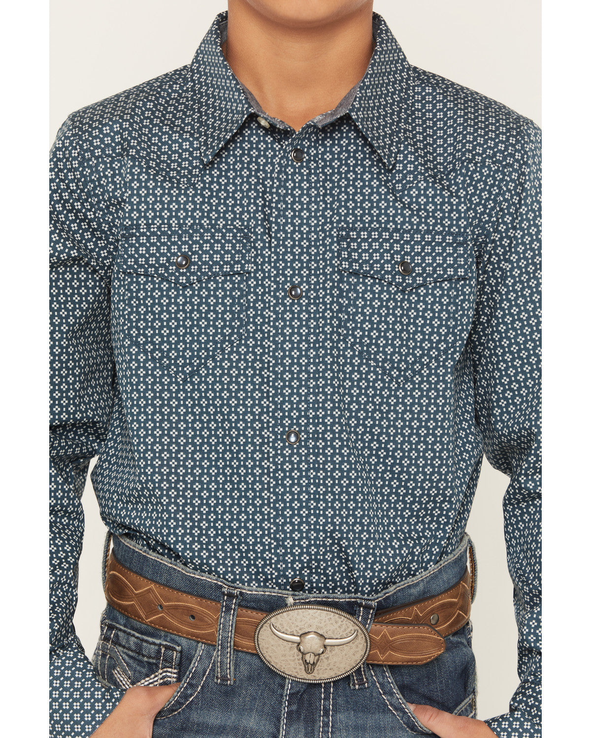 Boys' Bourbon Geo Print Long Sleeve Pearl Snap Western Shir