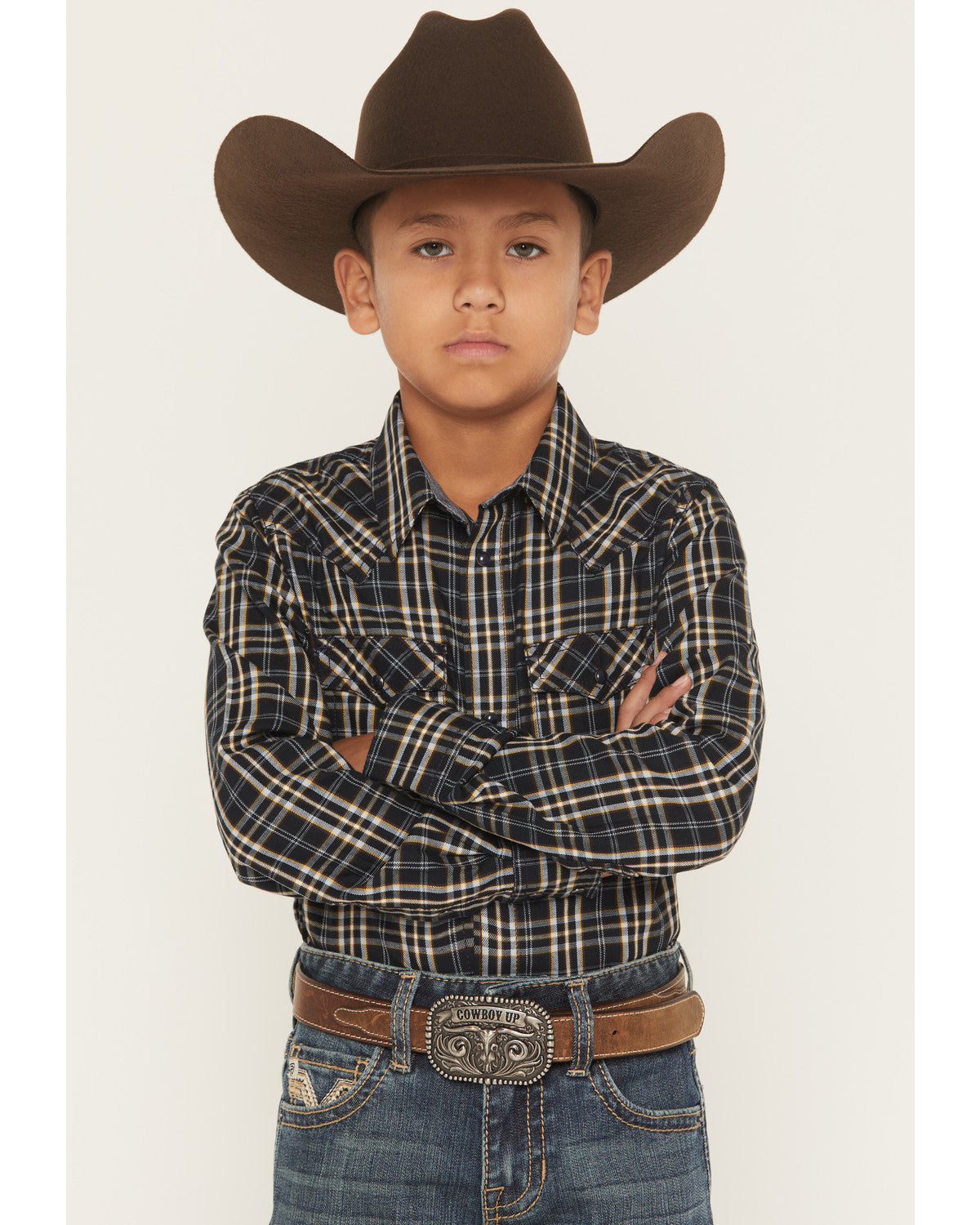 Boys' Warriors Way Plaid Print Long Sleeve Snap Western Shi