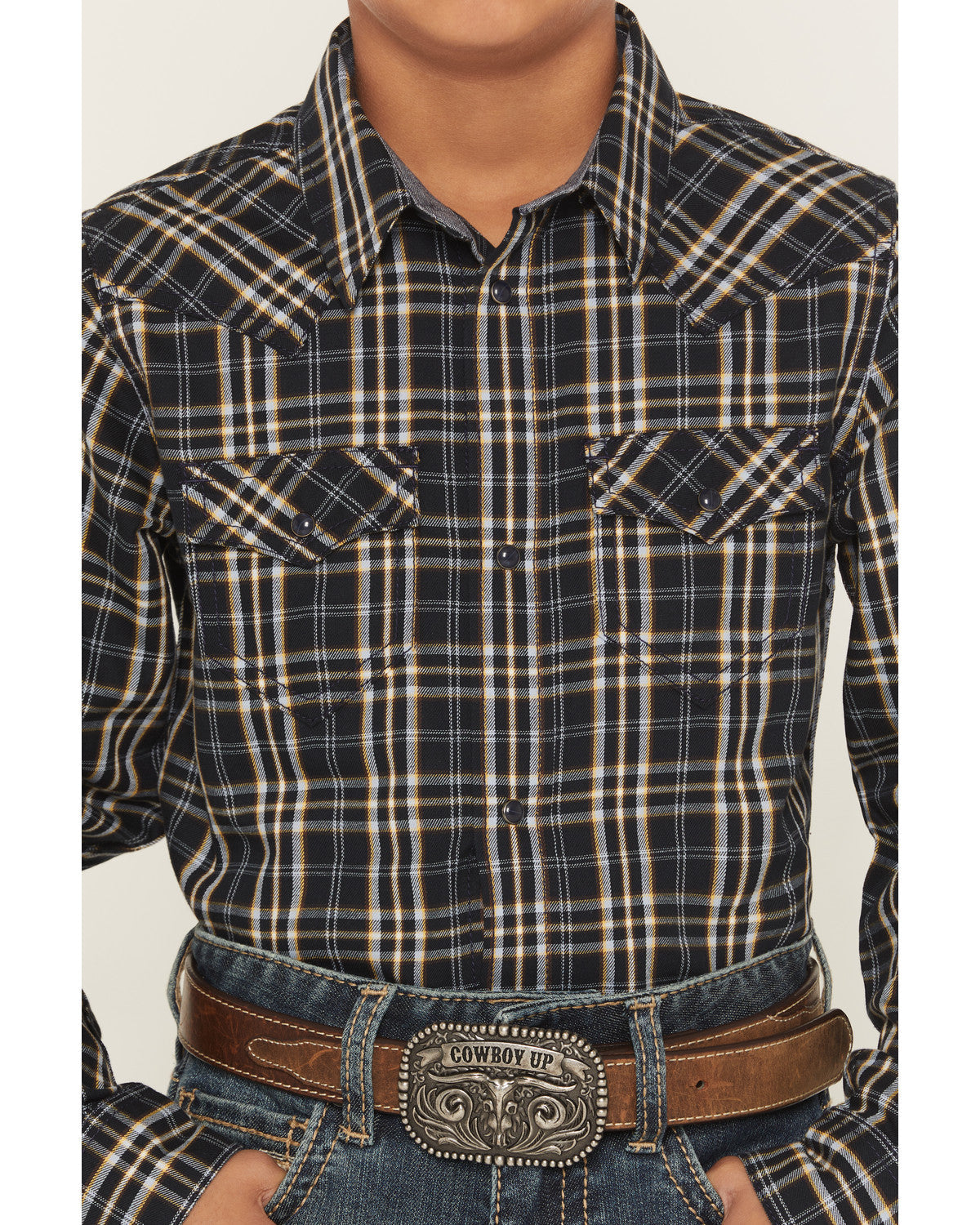 Boys' Warriors Way Plaid Print Long Sleeve Snap Western Shi