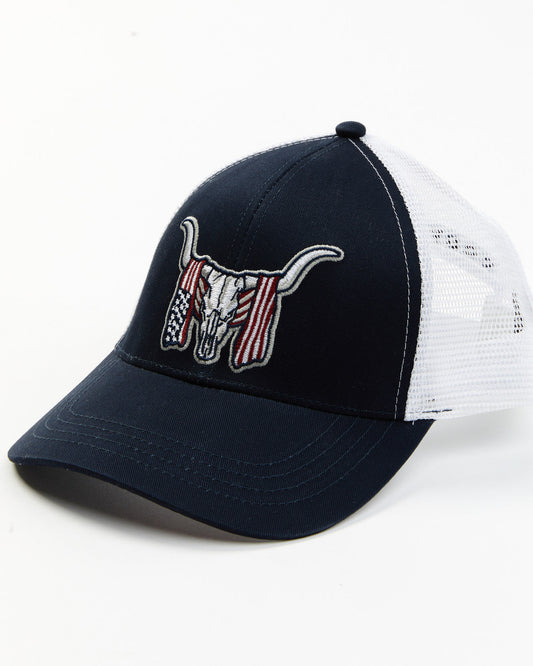 Men's Long Horn Skull Flag Embroidered Ball Cap