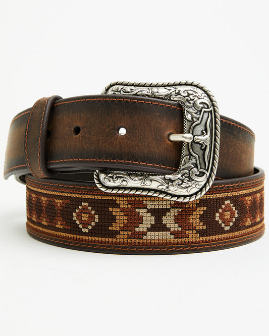 Men's Southwestern Needlepoint Inlay Leather Belt