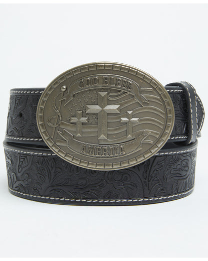 Men's God Bless America Tooled Buckle Belt