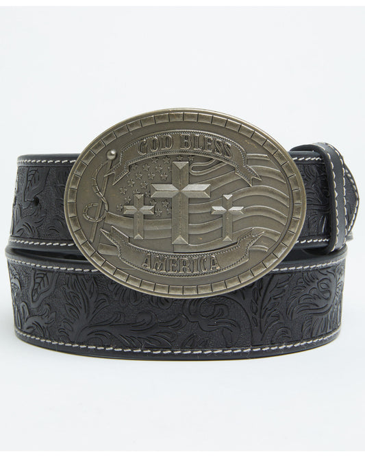 Men's God Bless America Tooled Buckle Belt