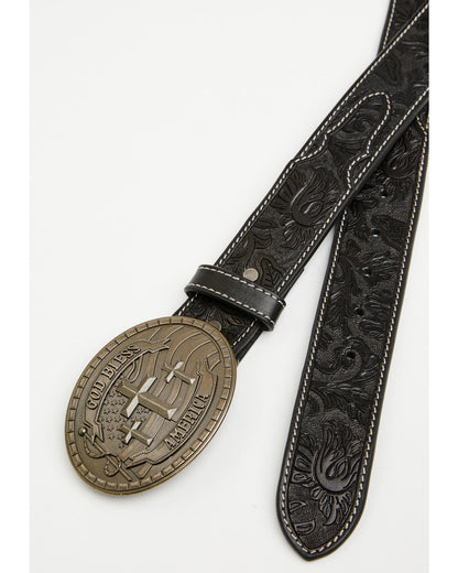 Men's God Bless America Tooled Buckle Belt