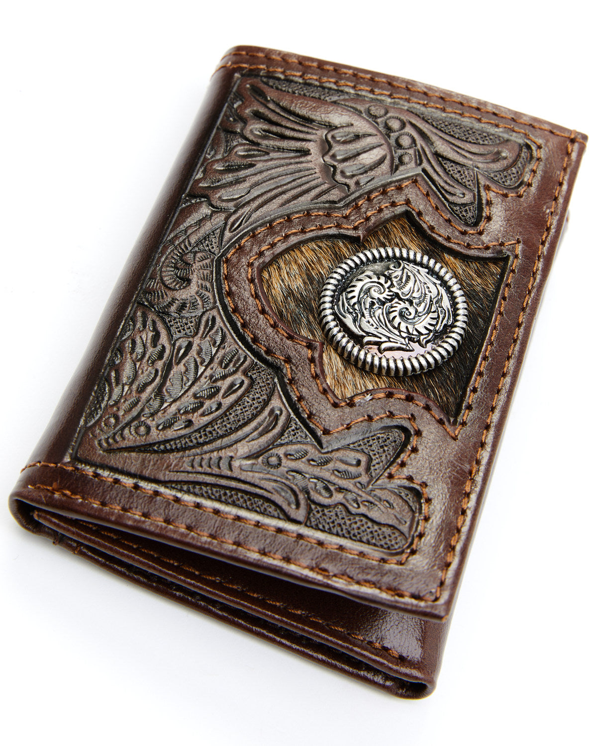 Men's Hair-On Floral Tooled Trifold Wallet