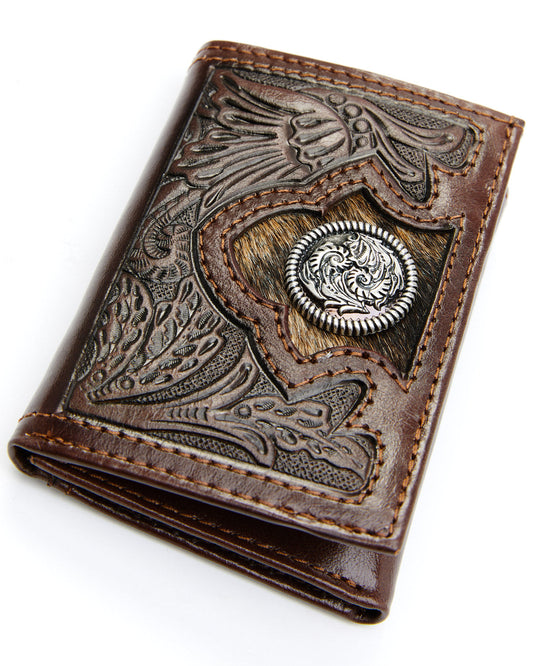 Men's Hair-On Floral Tooled Trifold Wallet