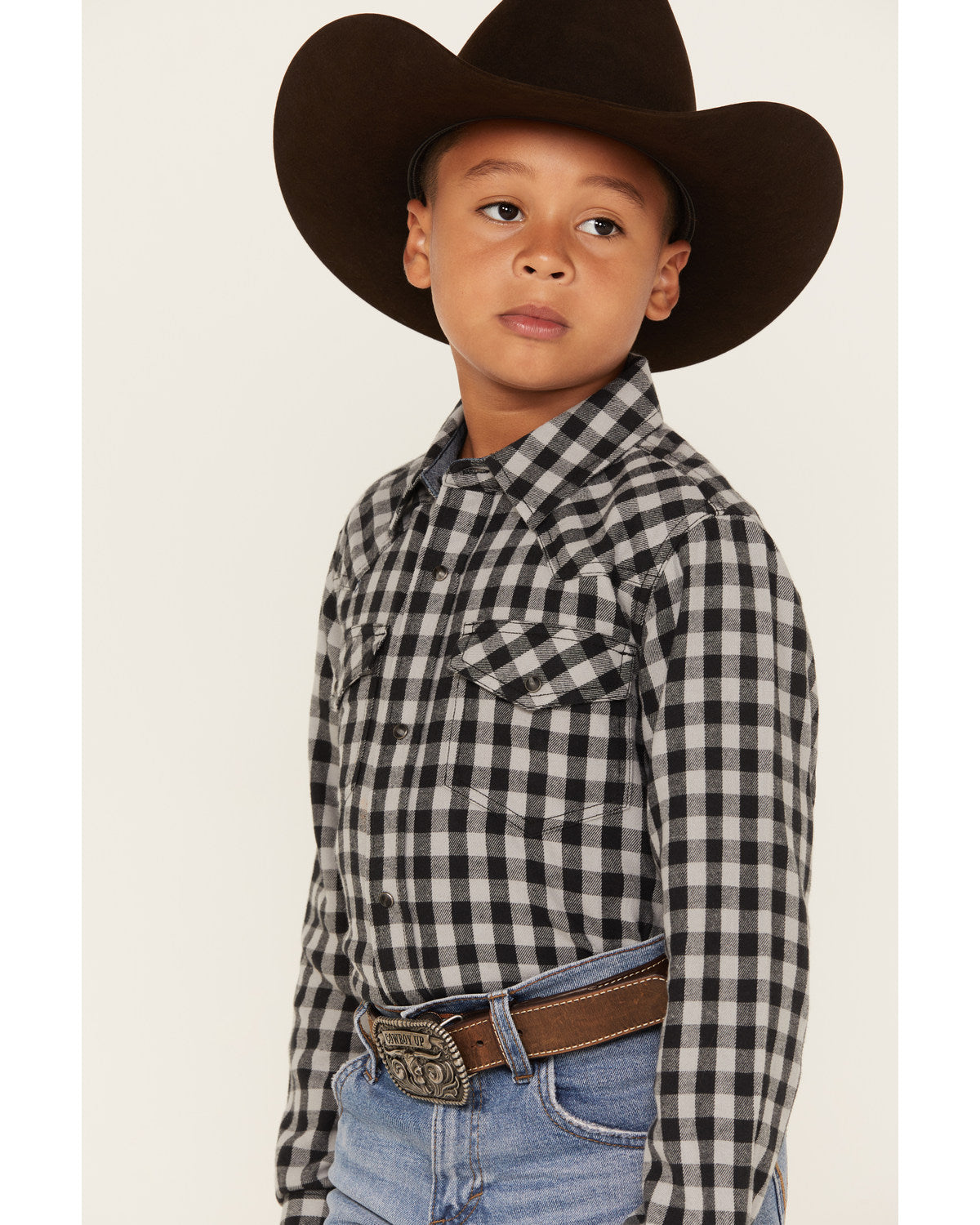 Boys' Gingham Print Long Sleeve Snap Western Flannel Shirt
