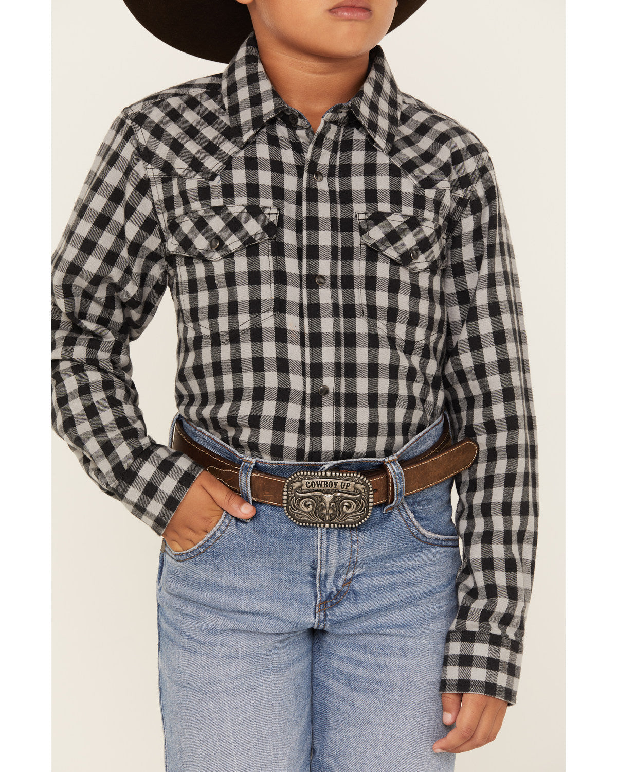 Boys' Gingham Print Long Sleeve Snap Western Flannel Shirt