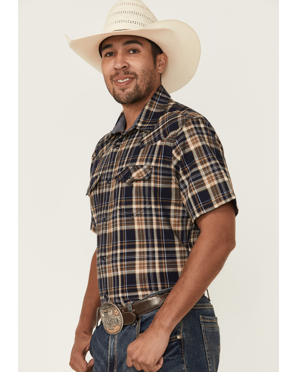 Men's Rustic Rodeo Plaid Print Short Sleeve Snap Western Sh